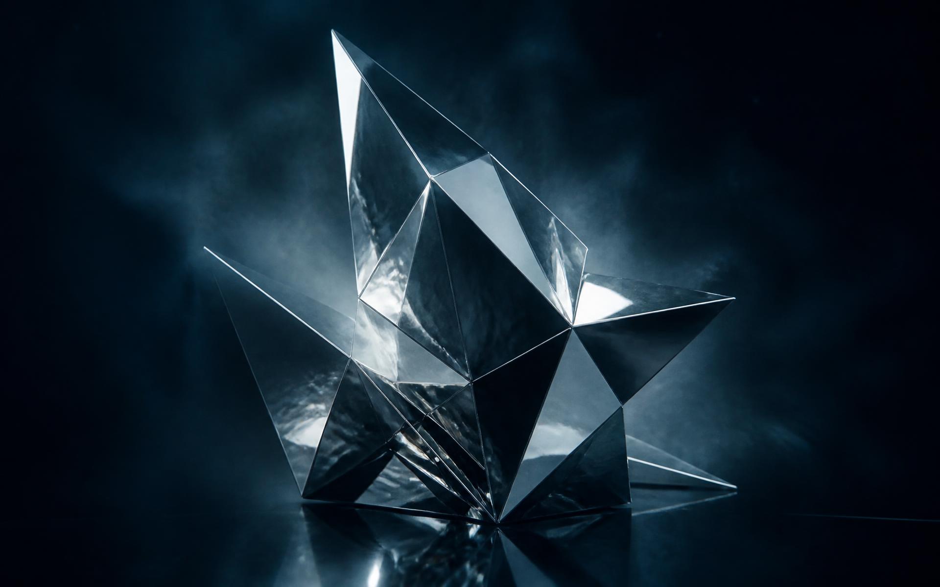 Chrome prism sculpture refracting cold light in a deep navy studio