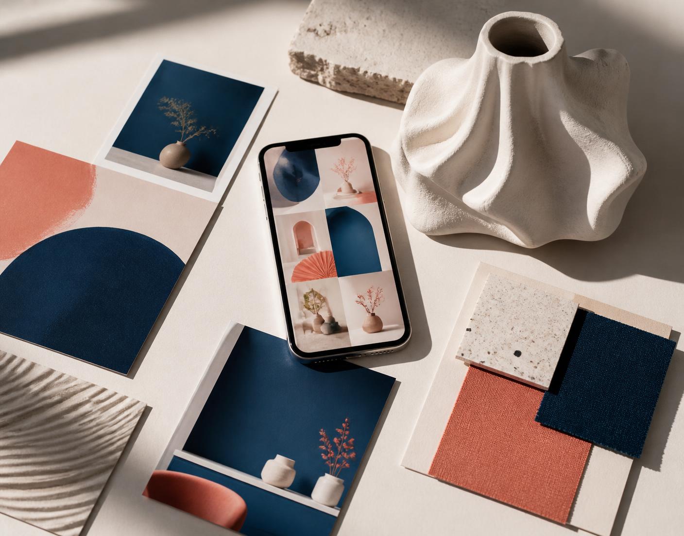 Home décor social media campaign, editorial content cards and material swatches