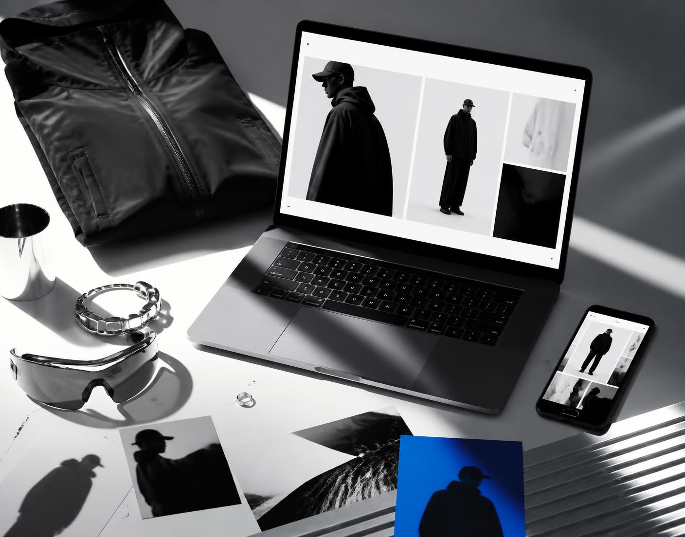 Monochrome fashion ecommerce experience shown across laptop and mobile